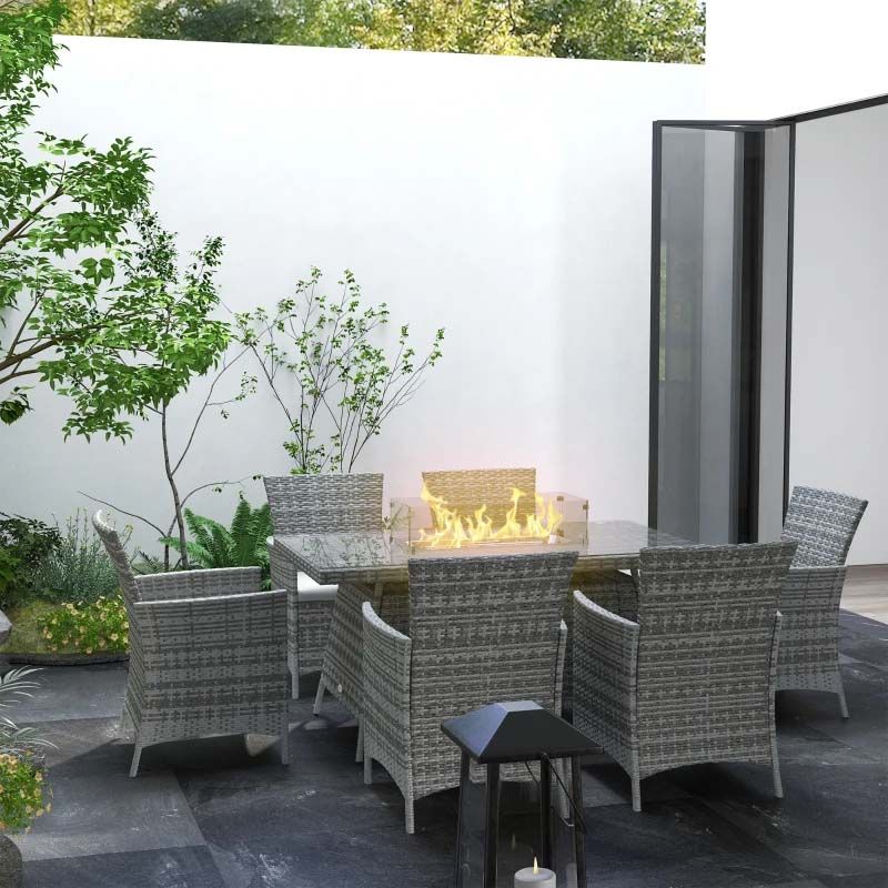 6 Seater Garden Rattan Dining Fire Pit Table and Chairs Set - Grey