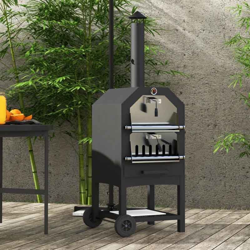 3-Tier Pizza Oven Charcoal BBQ Grill with Chimney - Black
