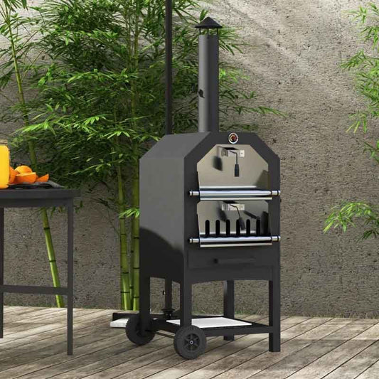 3-Tier Pizza Oven Charcoal BBQ Grill with Chimney - Black