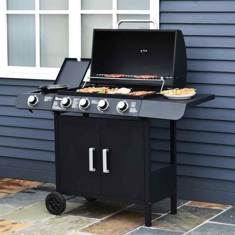 4+1 Deluxe Steel Gas BBQ Grill With Two Wheels - Black