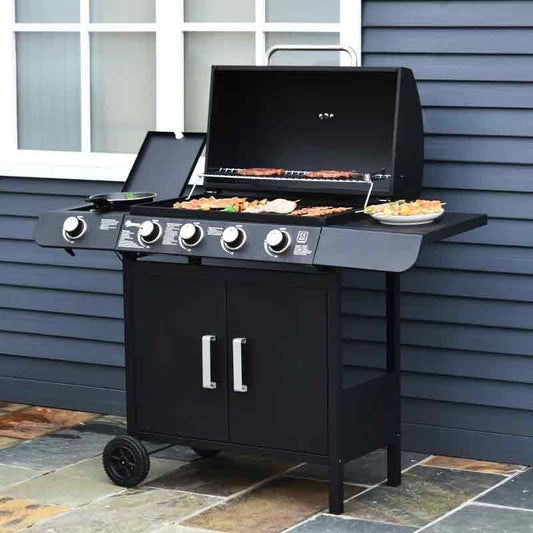 4+1 Deluxe Steel Gas BBQ Grill With Two Wheels - Black