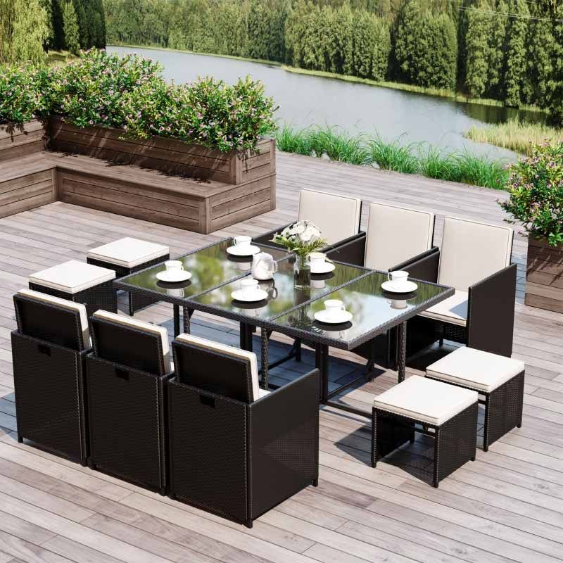 11 Piece Rattan Dining Patio Set with Cushions - Black & White