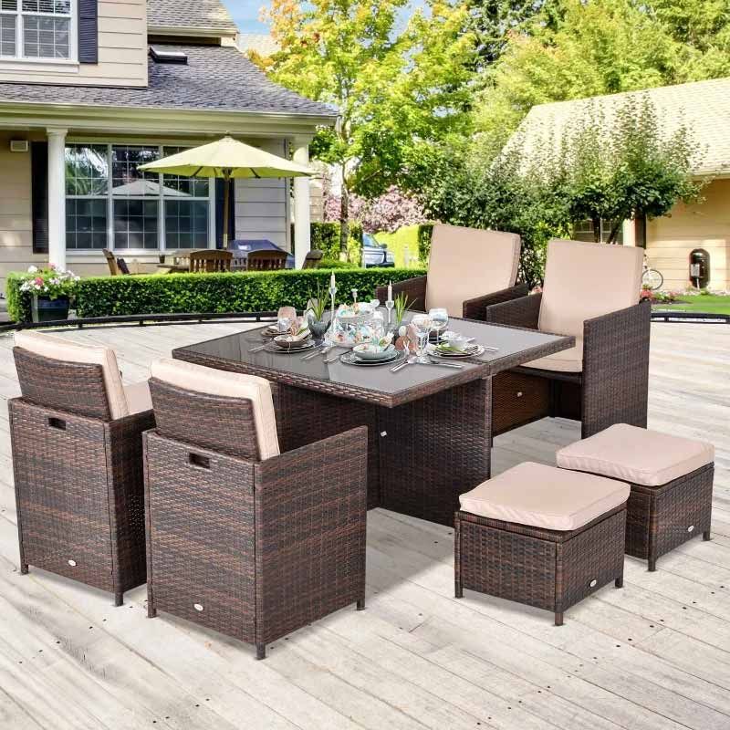 8-Seater Rattan Dining Table & Chairs Set - Brown