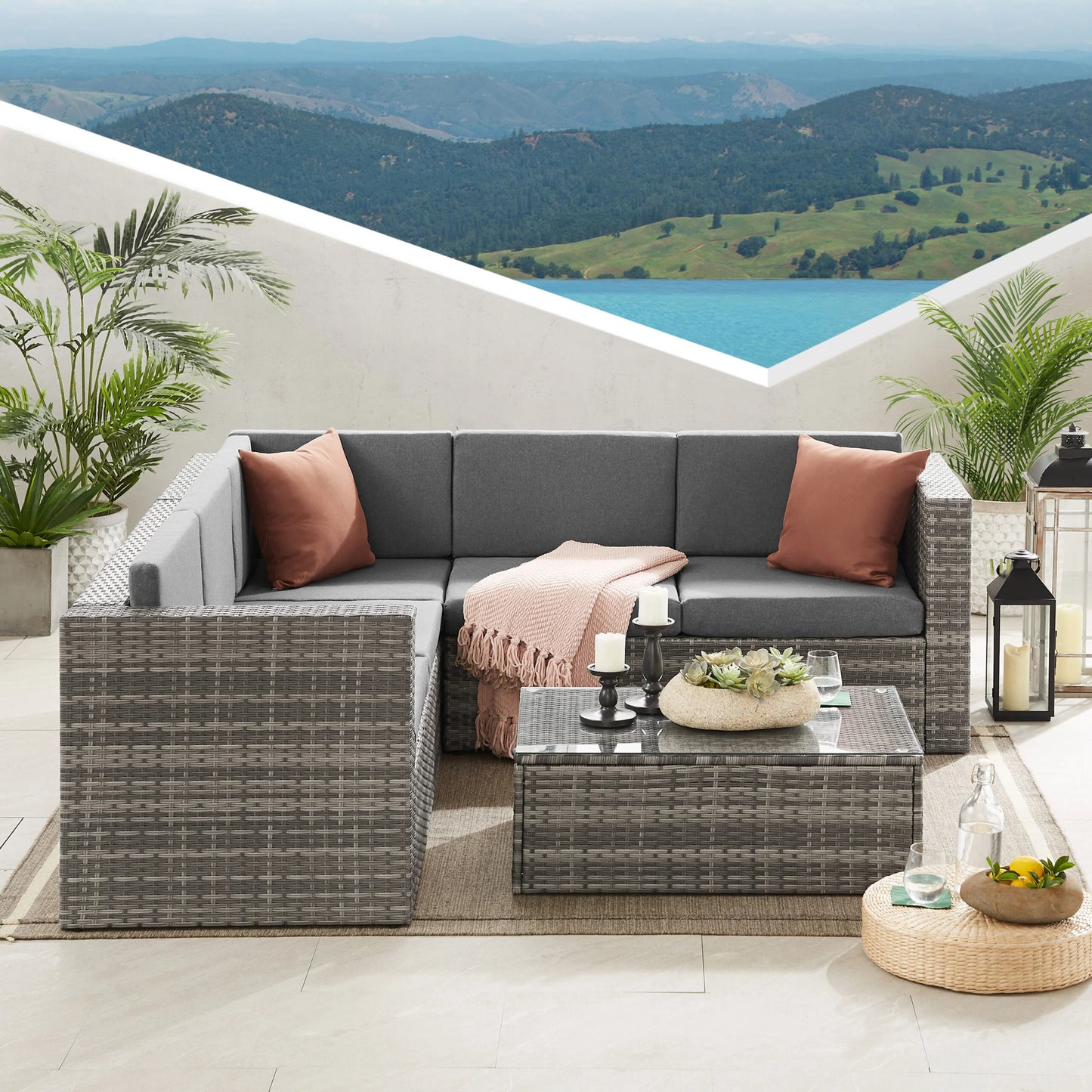 The Tatton Grey Rattan Garden Furniture 6 Seat Corner Sofa and Coffee Table Patio Set