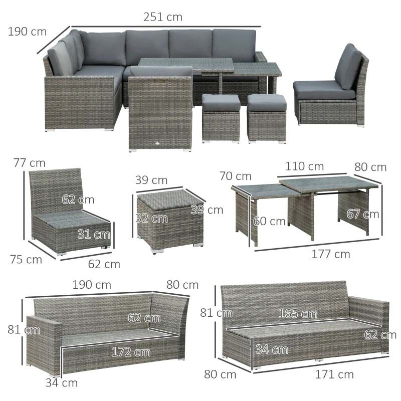 10 Seater Rattan Garden Furniture Set - Grey