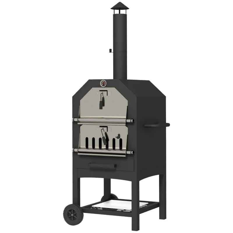 3-Tier Pizza Oven Charcoal BBQ Grill with Chimney - Black