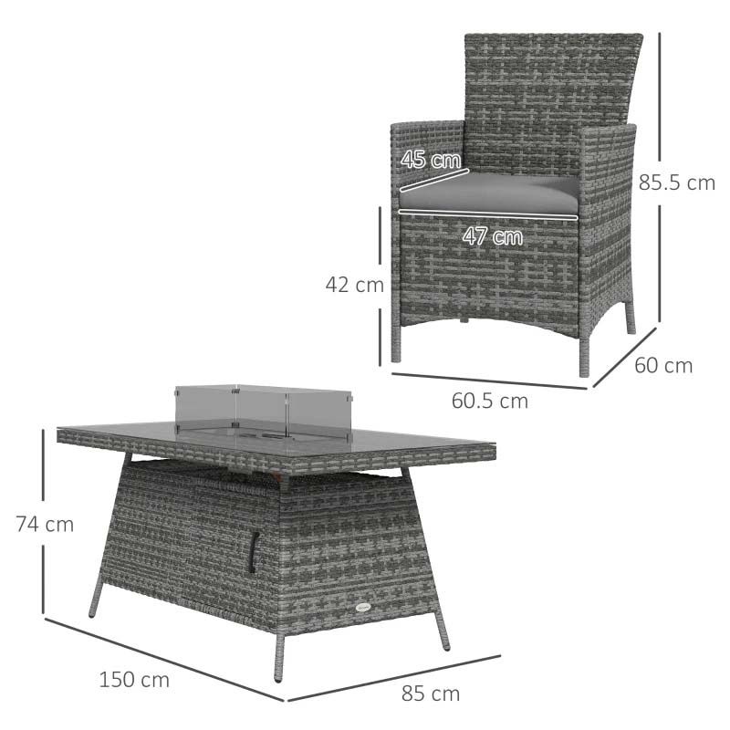 6 Seater Garden Rattan Dining Fire Pit Table and Chairs Set - Grey