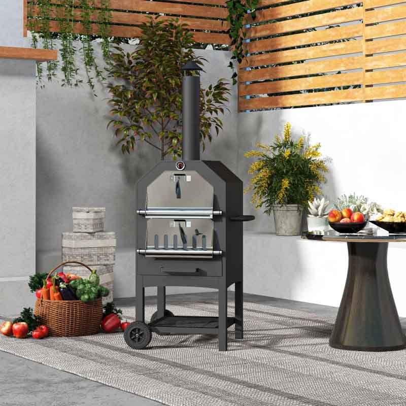 3-Tier Pizza Oven Charcoal BBQ Grill with Chimney - Black