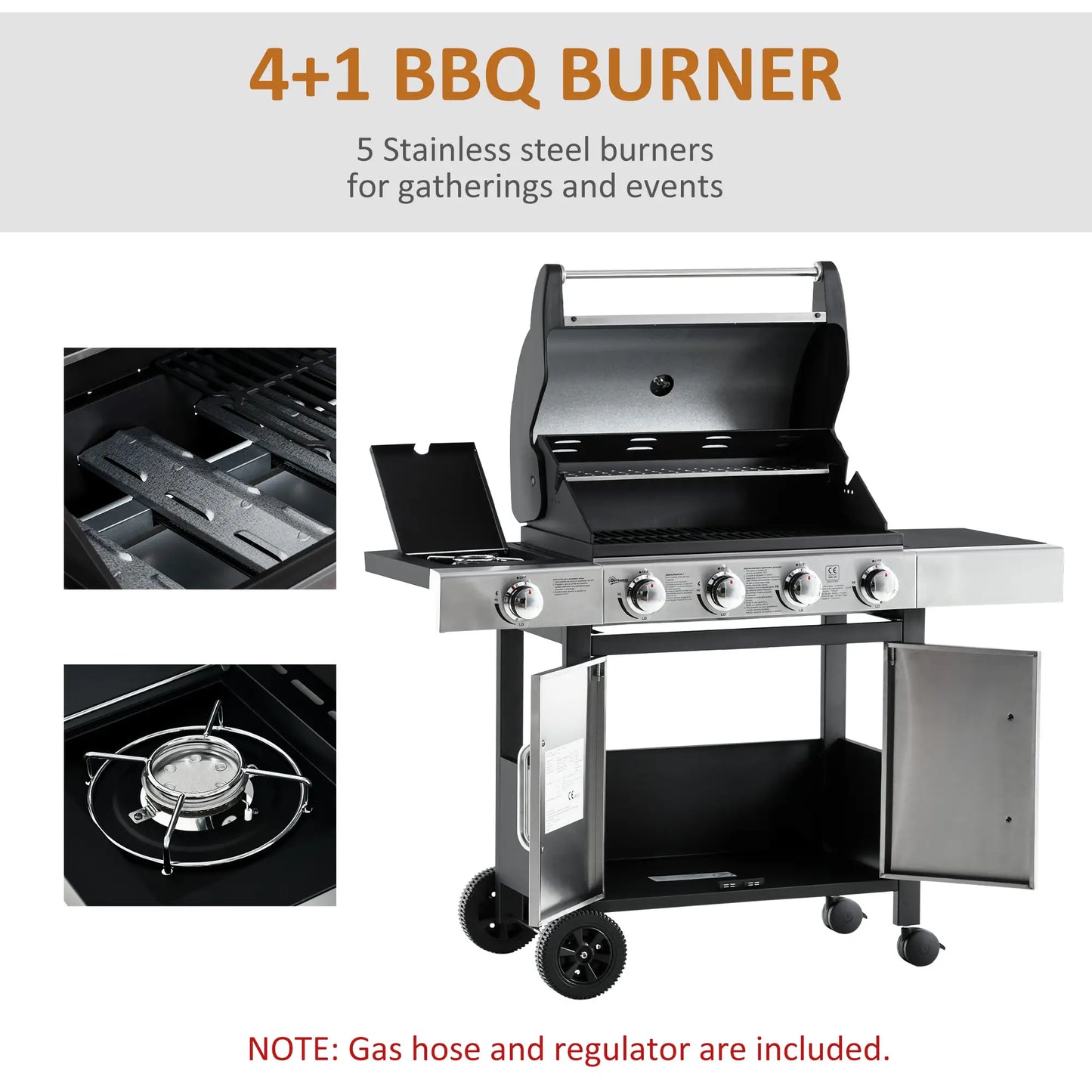 Gas Barbecue Grill 4+1 Burner w/ Side Burner Warming Rack, Stainless Steel