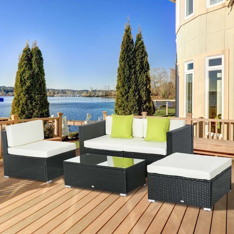5 Piece Rattan Garden Furniture Set - Cream White/Black