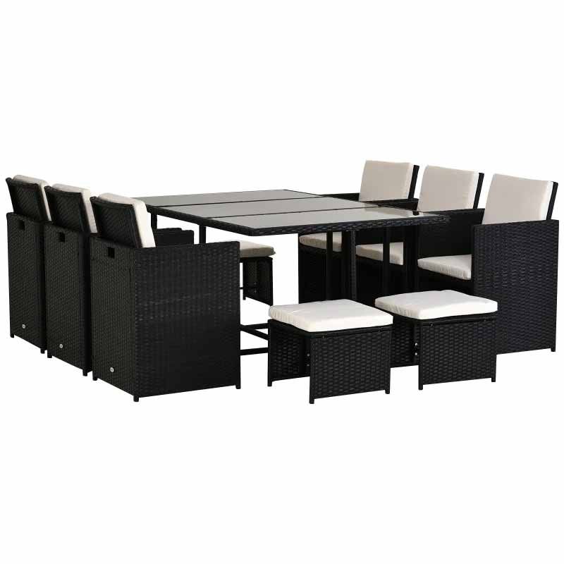 11 Piece Rattan Dining Patio Set with Cushions - Black & White