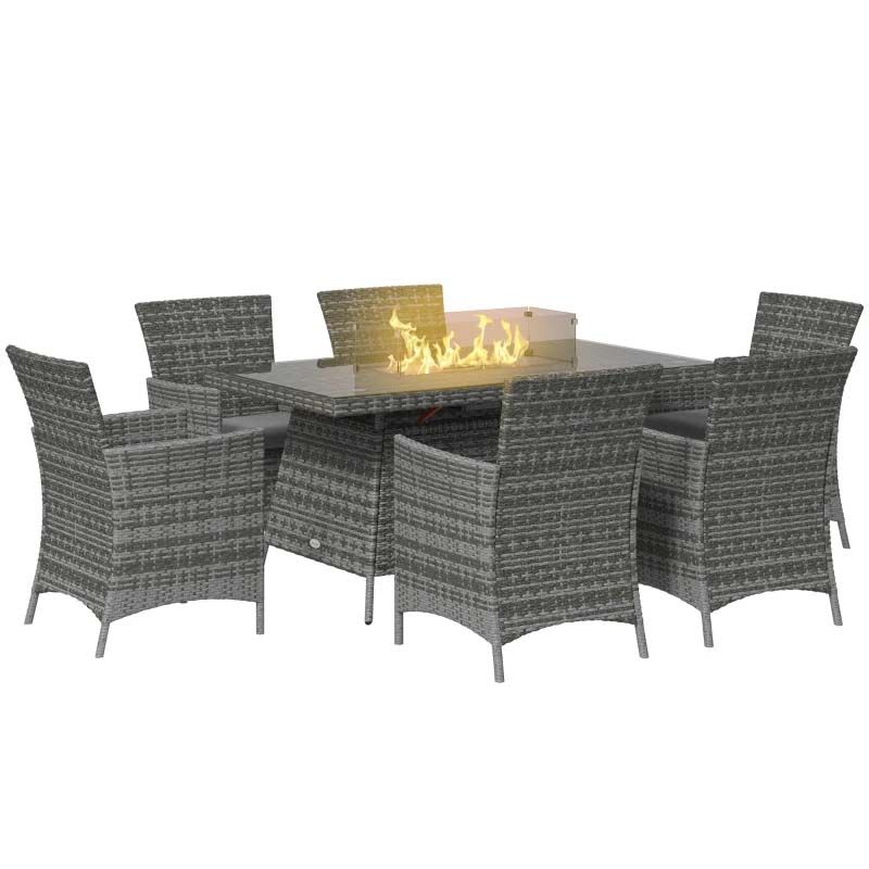 6 Seater Garden Rattan Dining Fire Pit Table and Chairs Set - Grey