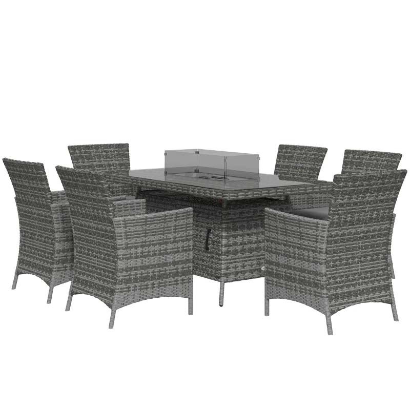 6 Seater Garden Rattan Dining Fire Pit Table and Chairs Set - Grey