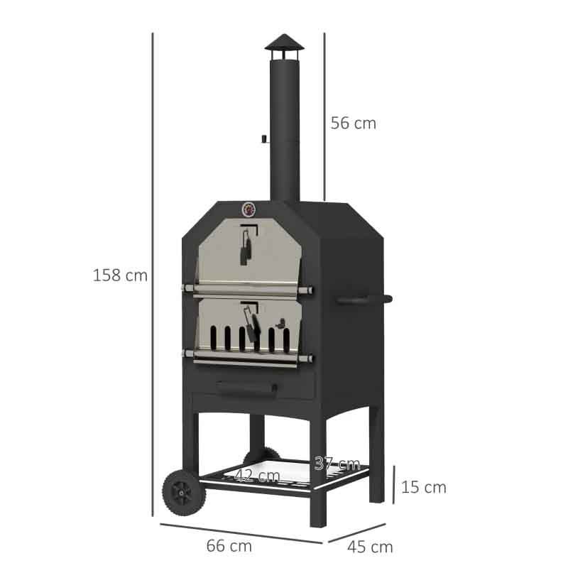 3-Tier Pizza Oven Charcoal BBQ Grill with Chimney - Black