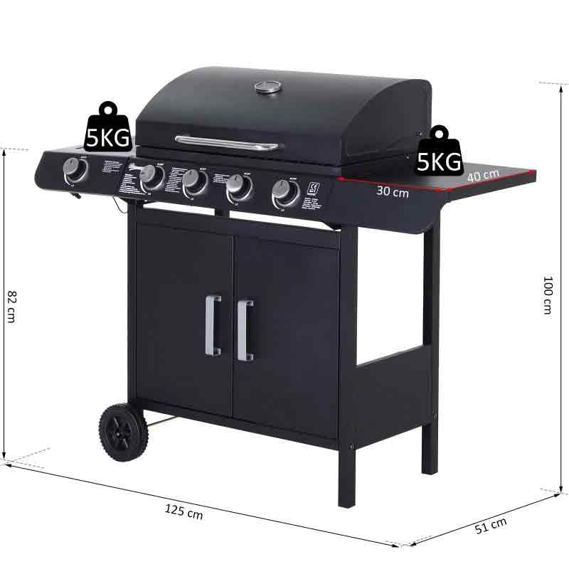 4+1 Deluxe Steel Gas BBQ Grill With Two Wheels - Black
