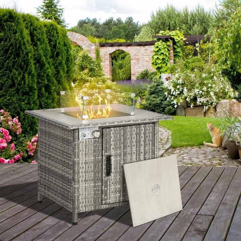 Rattan Gas Fire Pit Table - Grey