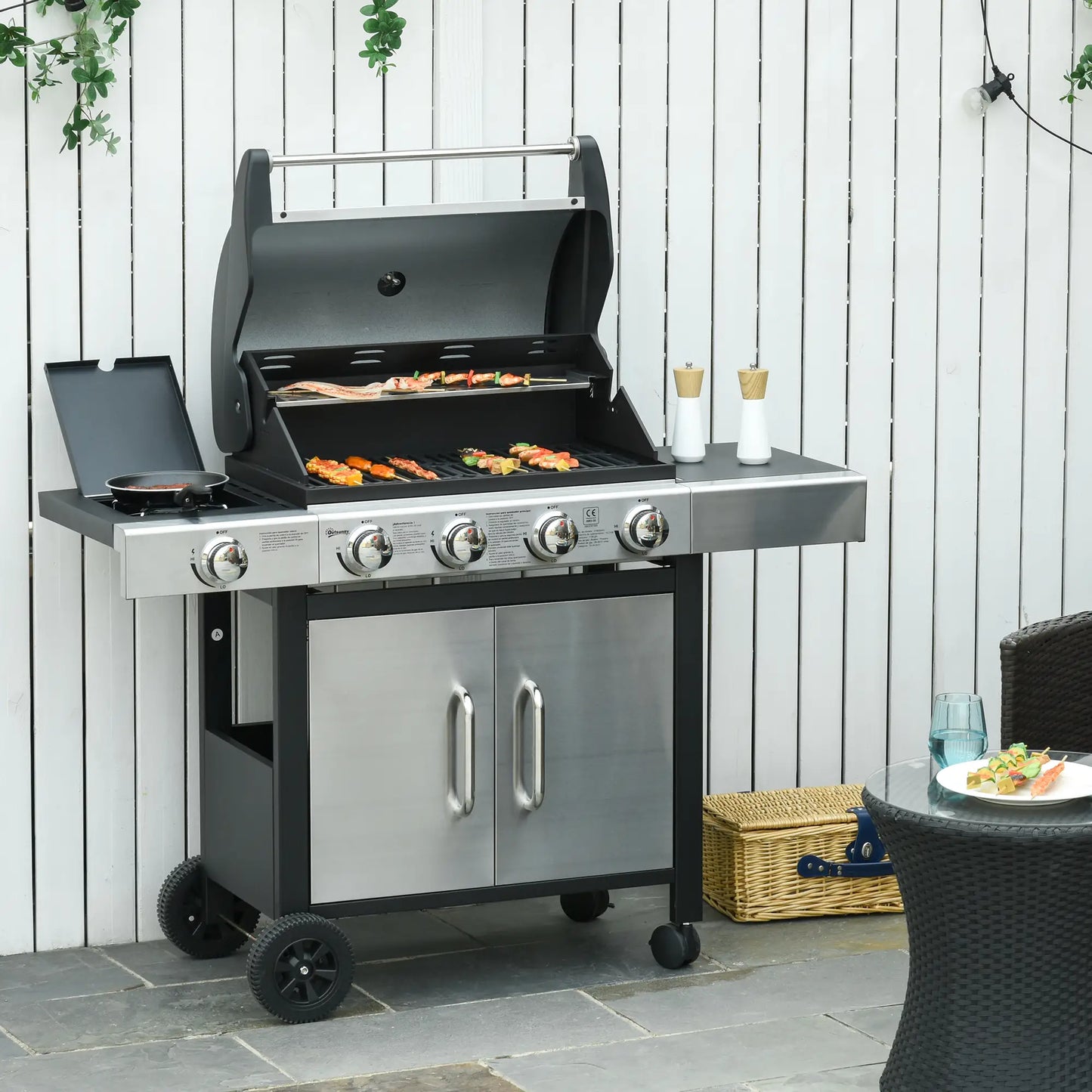 Gas Barbecue Grill 4+1 Burner w/ Side Burner Warming Rack, Stainless Steel