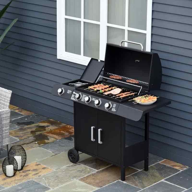 4+1 Deluxe Steel Gas BBQ Grill With Two Wheels - Black