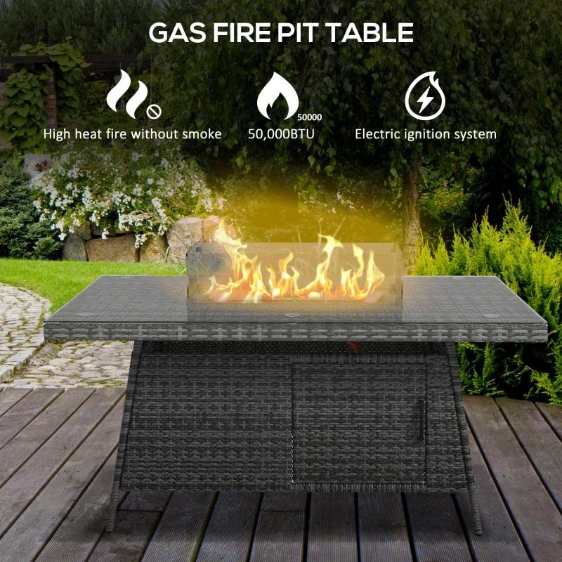 6 Seater Garden Rattan Dining Fire Pit Table and Chairs Set - Grey