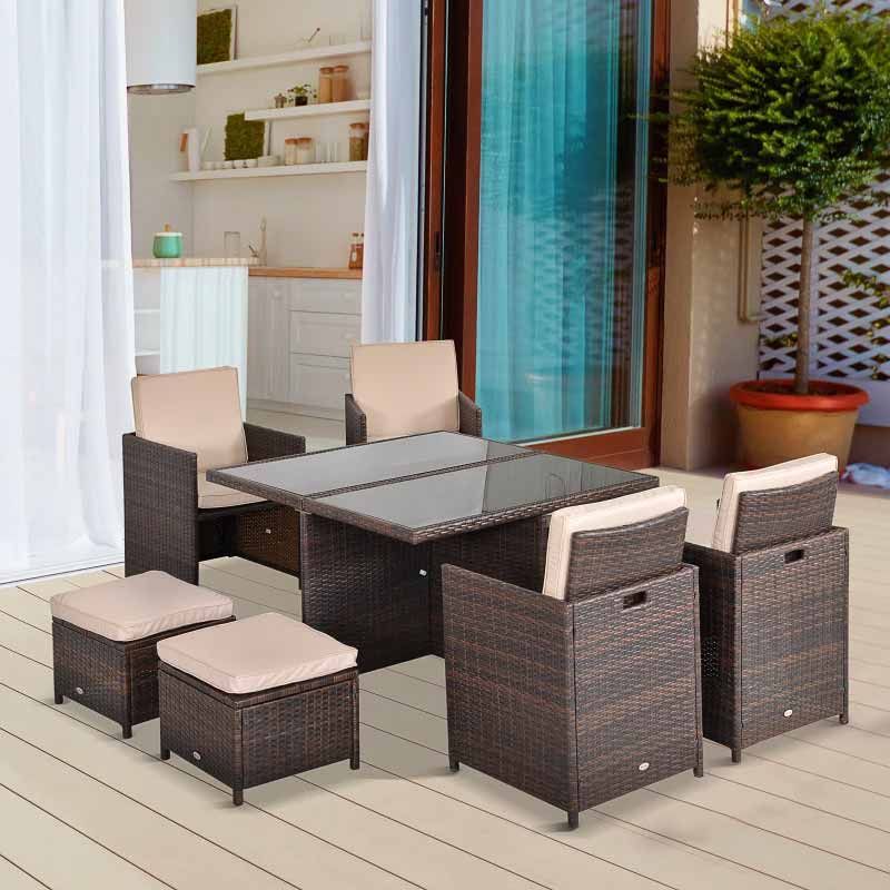 8-Seater Rattan Dining Table & Chairs Set - Brown