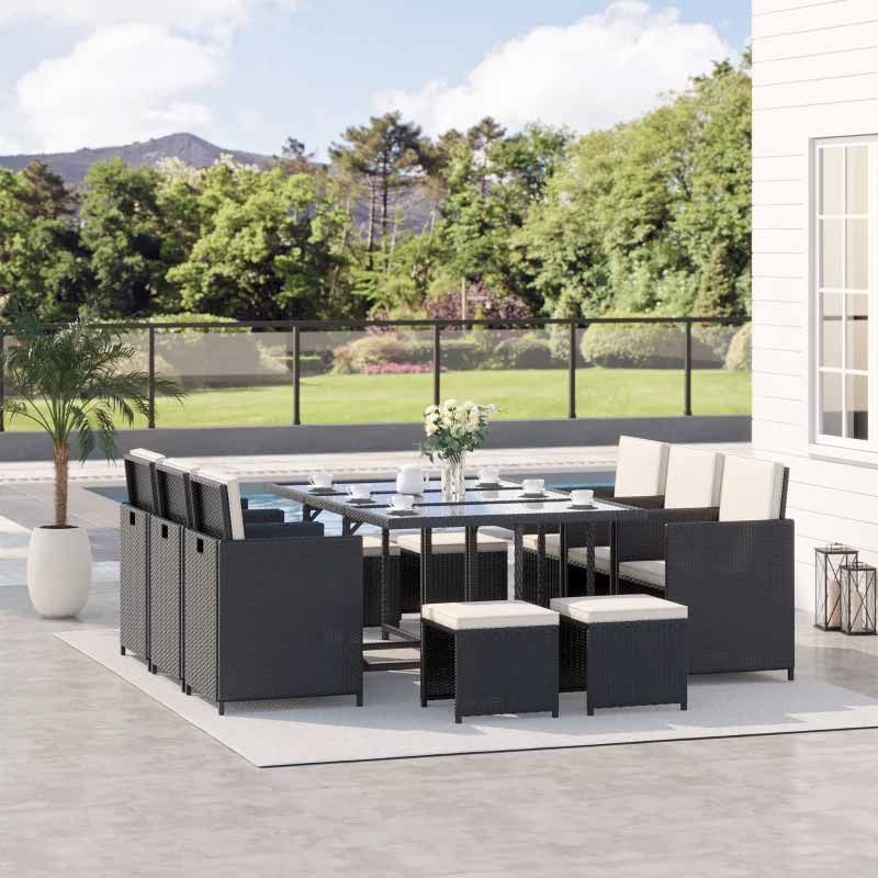 11 Piece Rattan Dining Patio Set with Cushions - Black & White