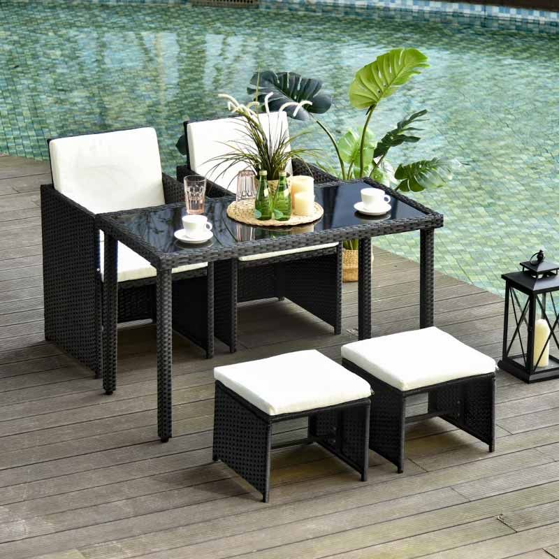 4-Seater Rattan Table & Chair Set - Black & Cream White