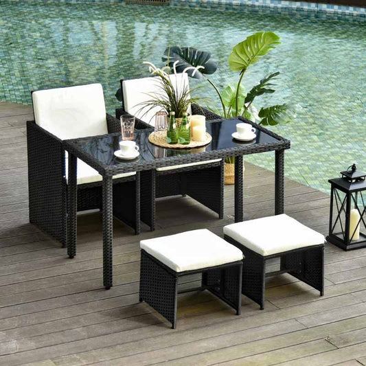4-Seater Rattan Table & Chair Set - Black & Cream White