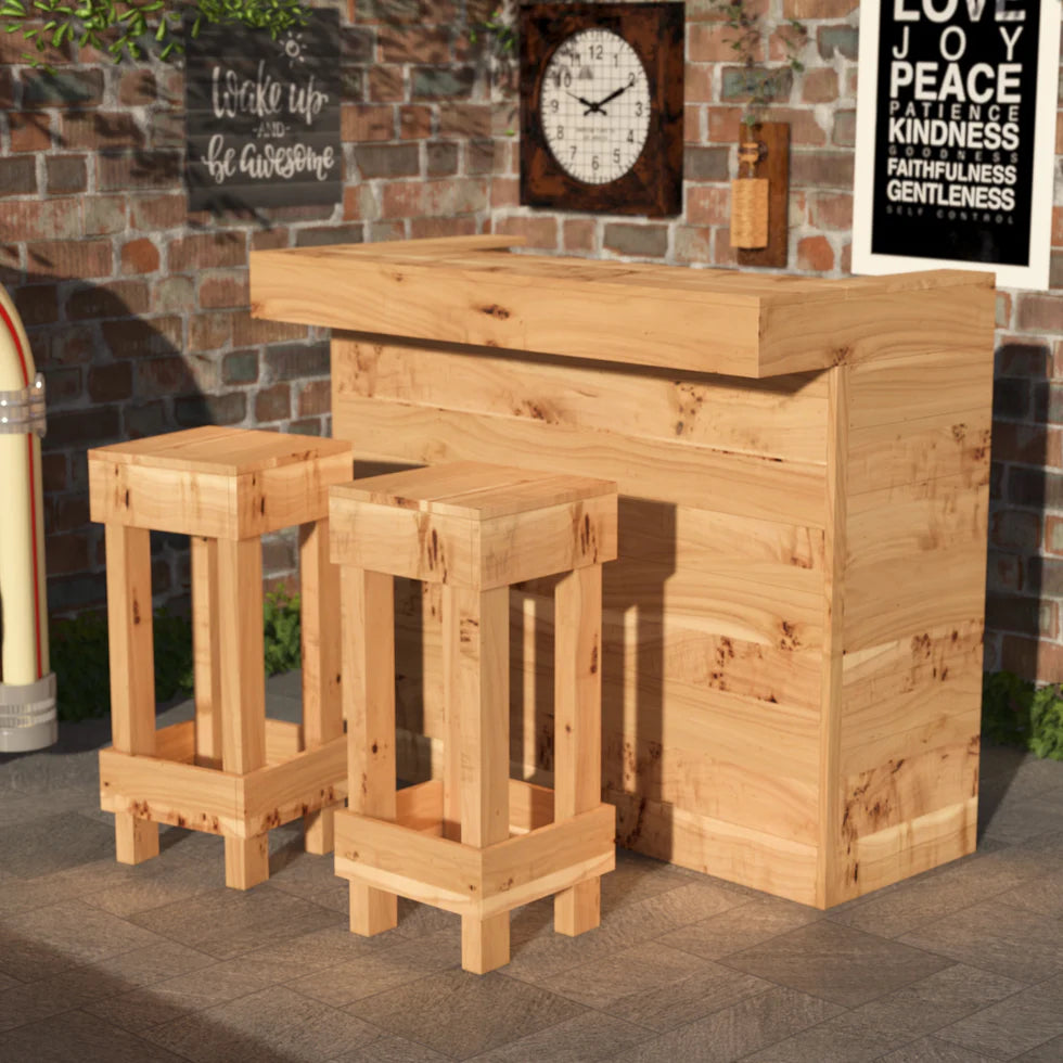 Rustic Wooden Bar & Bar Stools Set (Includes LED's)