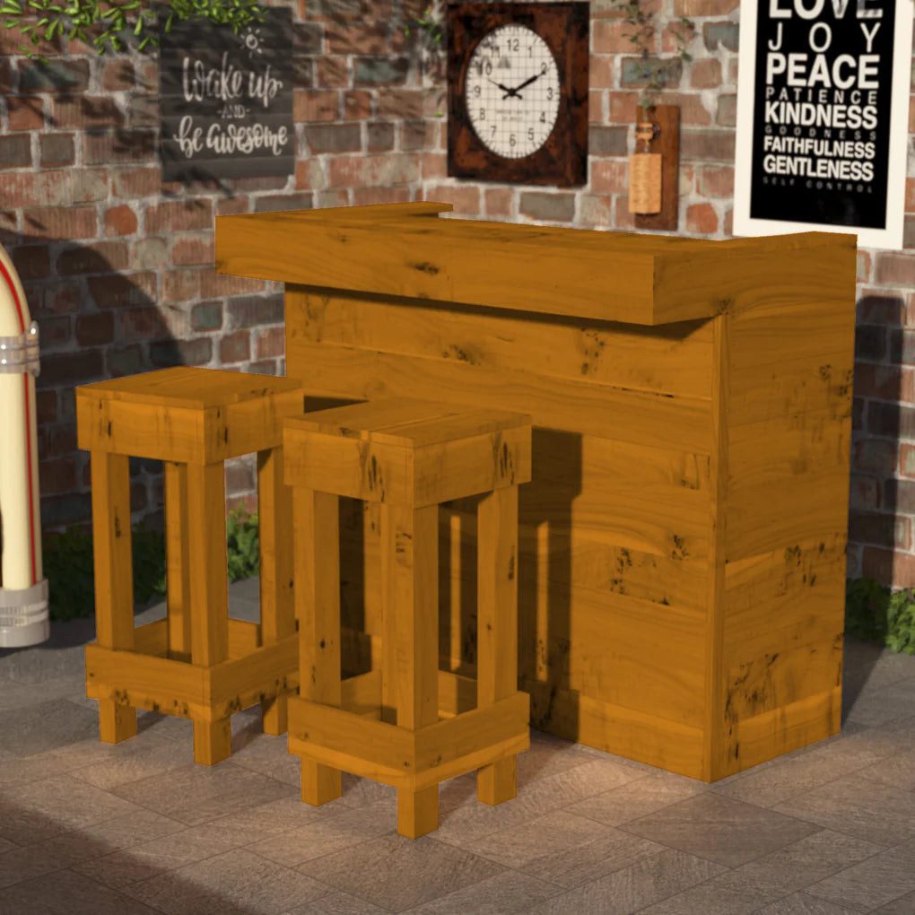 Rustic Wooden Bar & Bar Stools Set (Includes LED's)