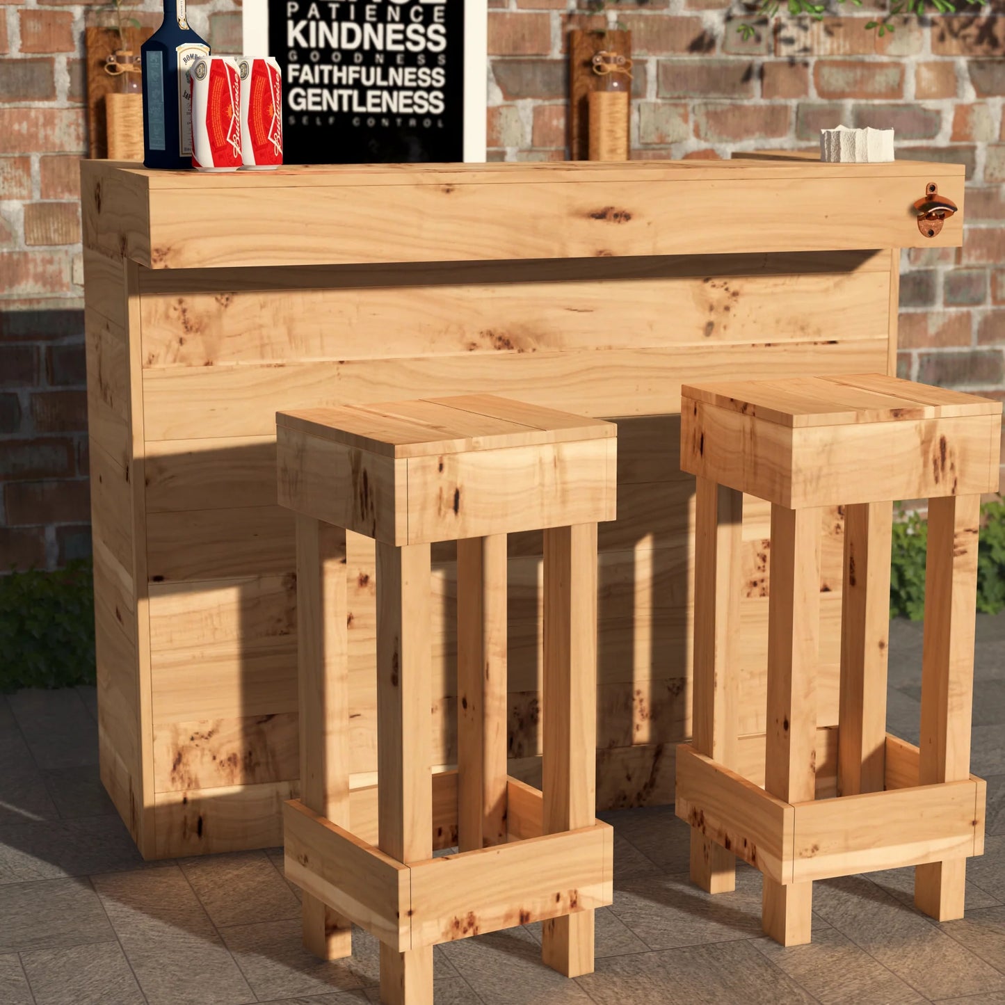 Rustic Wooden Bar & Bar Stools Set (Includes LED's)
