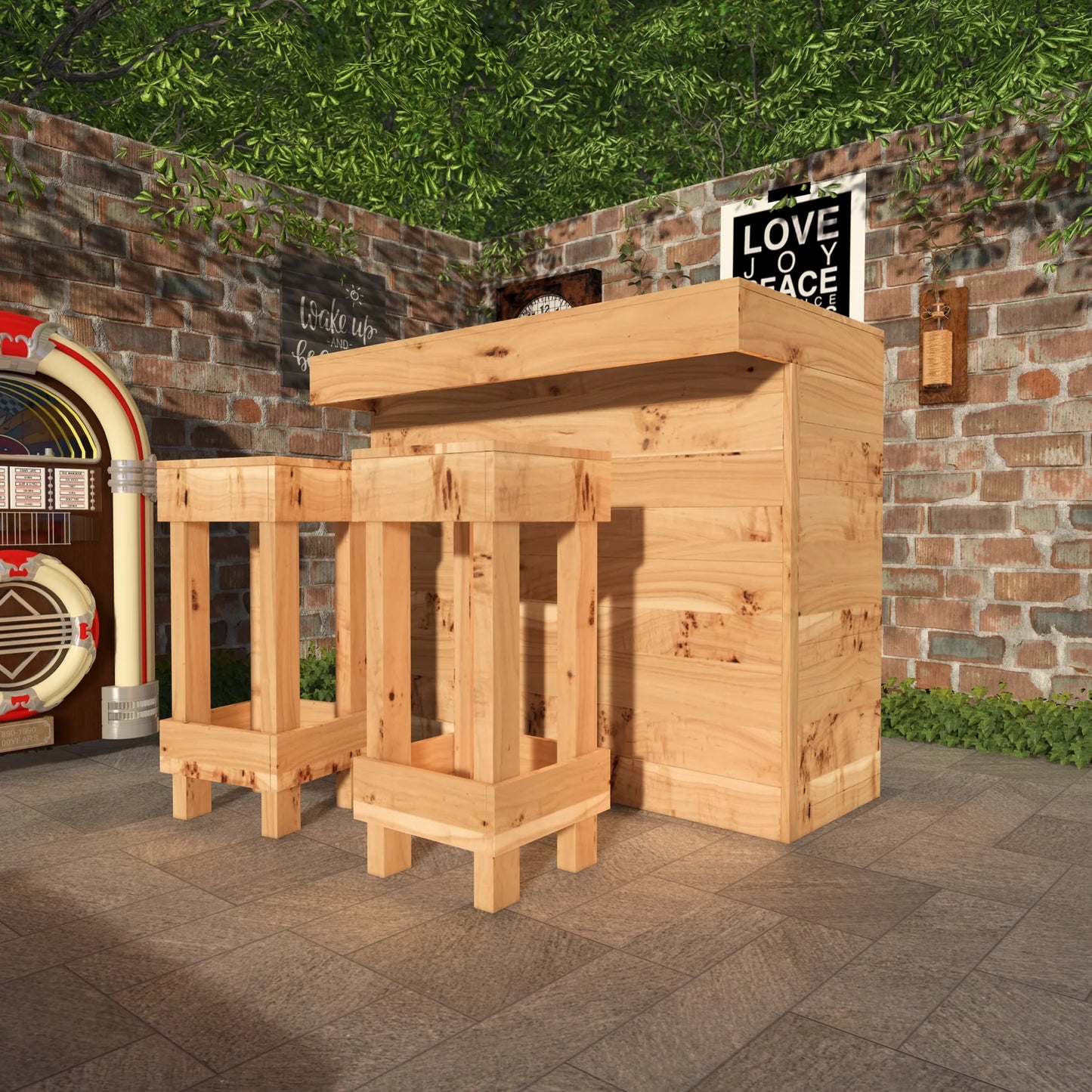 Rustic Wooden Bar & Bar Stools Set (Includes LED's)