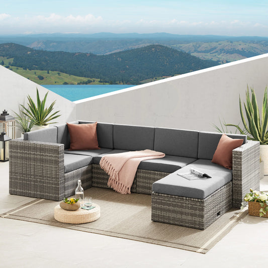 The Tatton Grey Rattan Garden Furniture 6 Seat Corner Sofa and Coffee Table Patio Set