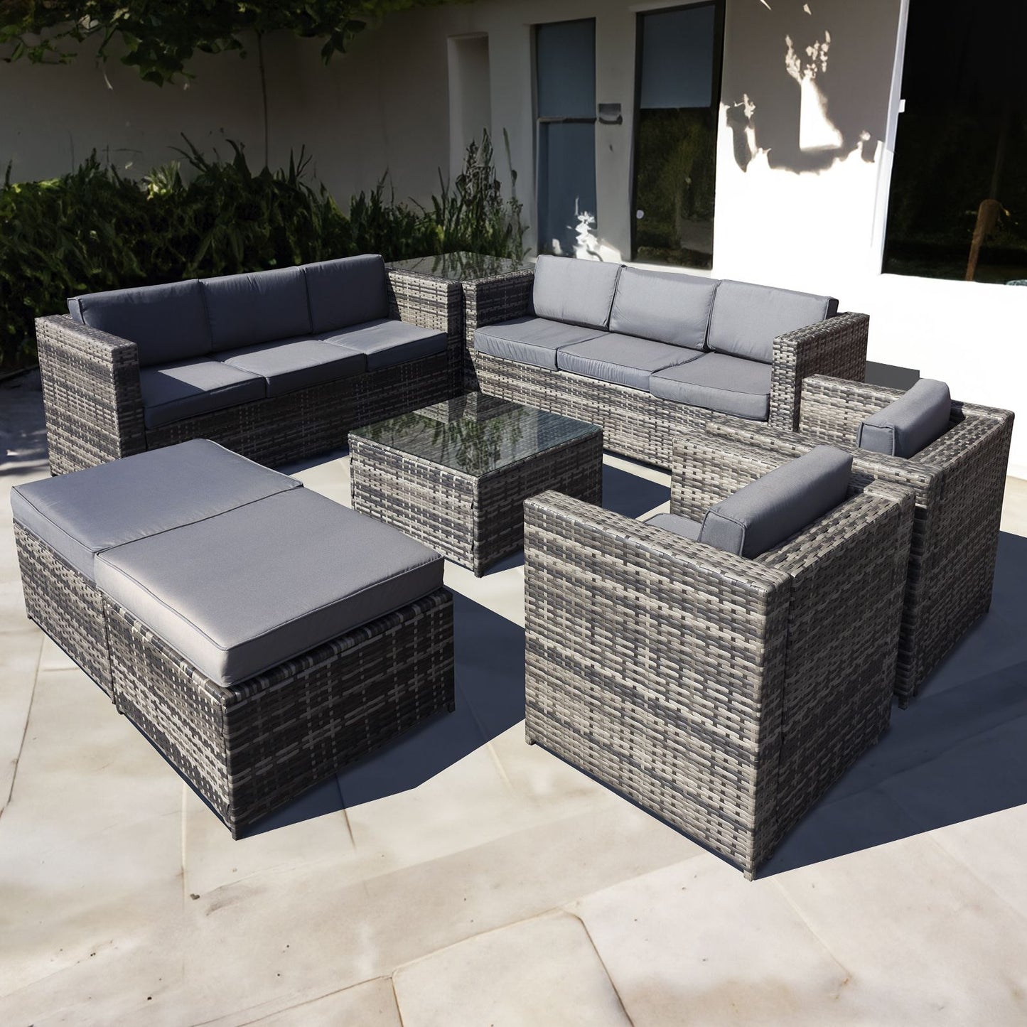 Malta Rattan 10 Seat U-Shape Set in Grey Walnut with 2 Footstools