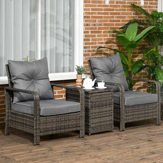 2-Seater Rattan Garden Set with Padded Chair Storage Table - Grey