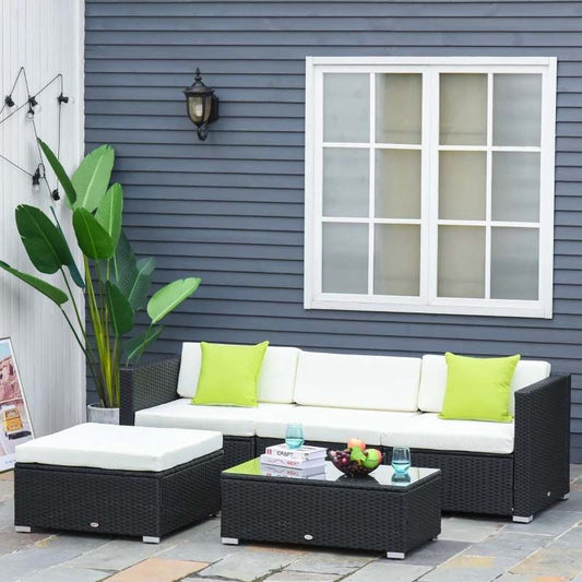 5 Piece Rattan Garden Furniture Set - Cream White/Black