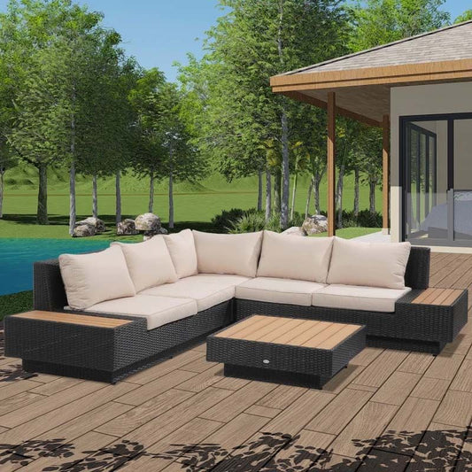 5-Seater Corner Rattan Furniture Garden Set - Black / Beige