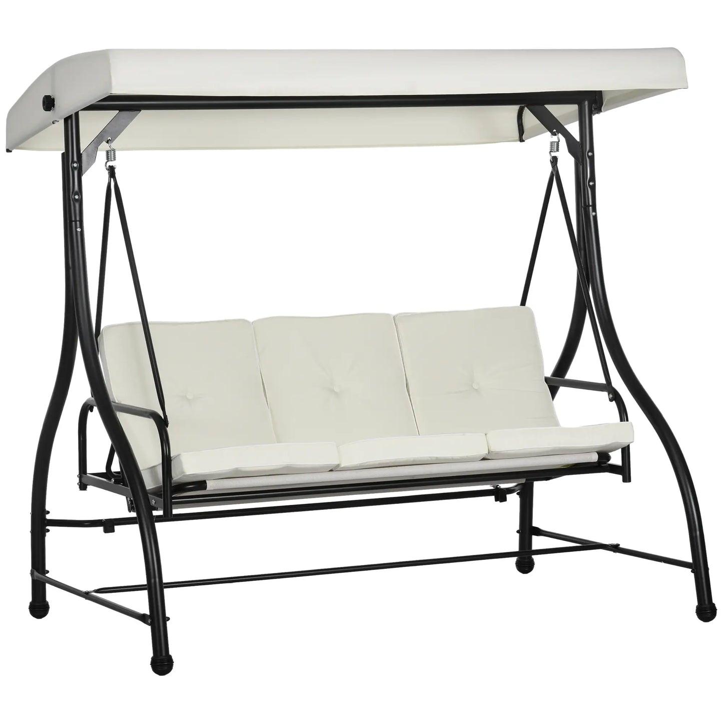 3 Seater Canopy Swing Chair with Adjustable Canopy and Metal Frame, Cream/White