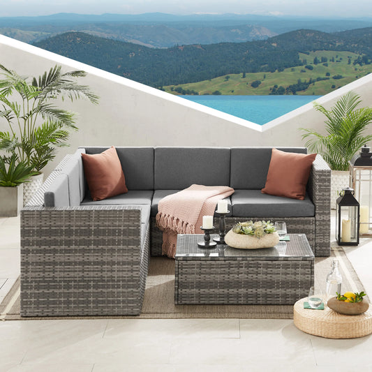 The Tatton Grey Rattan Garden Furniture 6 Seat Corner Sofa and Coffee Table Patio Set
