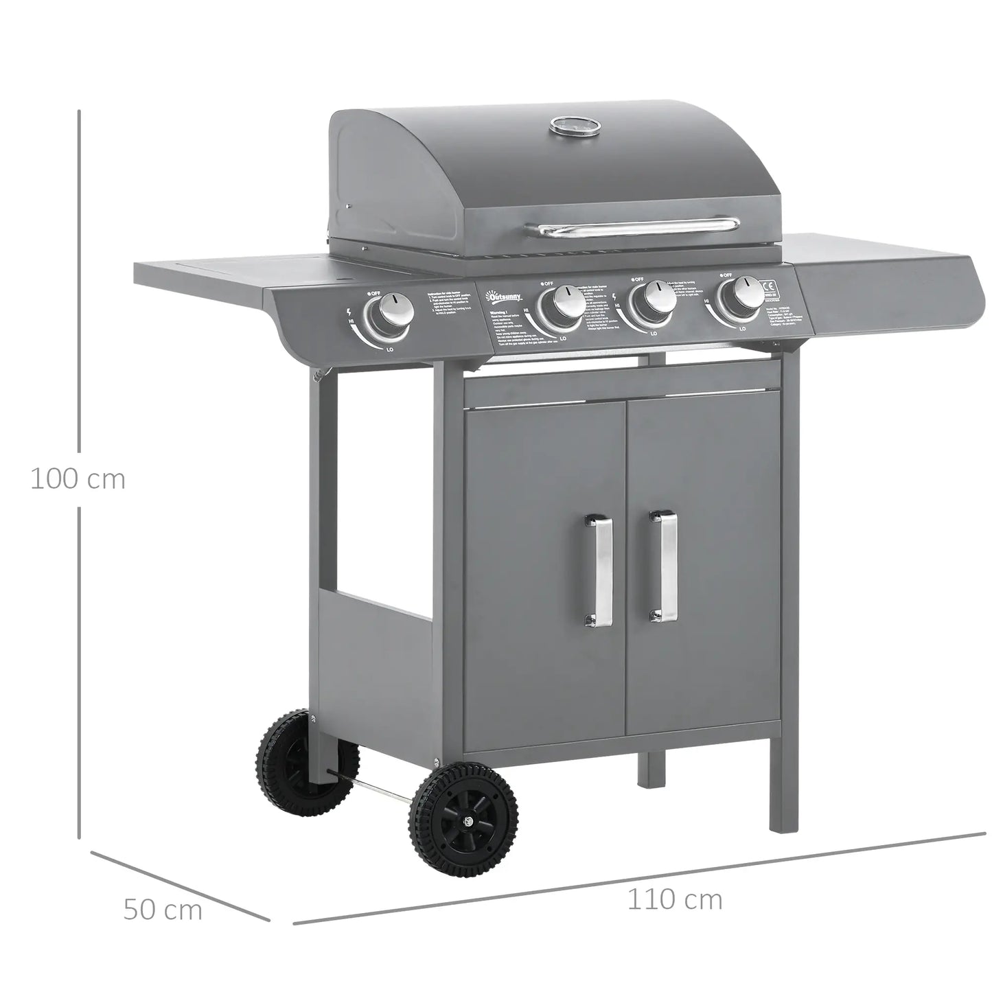 3+1 Burner Gas BBQ Grill, 110L x 50W x 100Hcm, Grey/Black