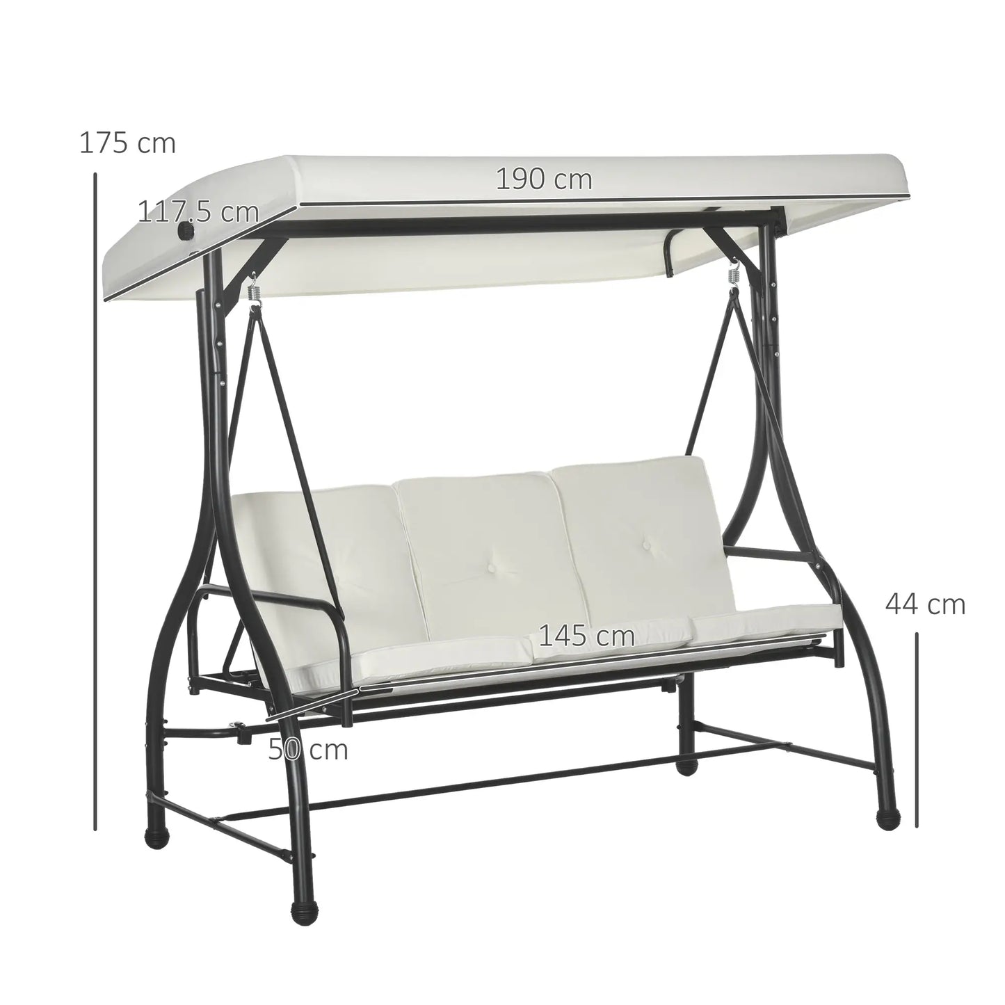 3 Seater Canopy Swing Chair with Adjustable Canopy and Metal Frame, Cream/White