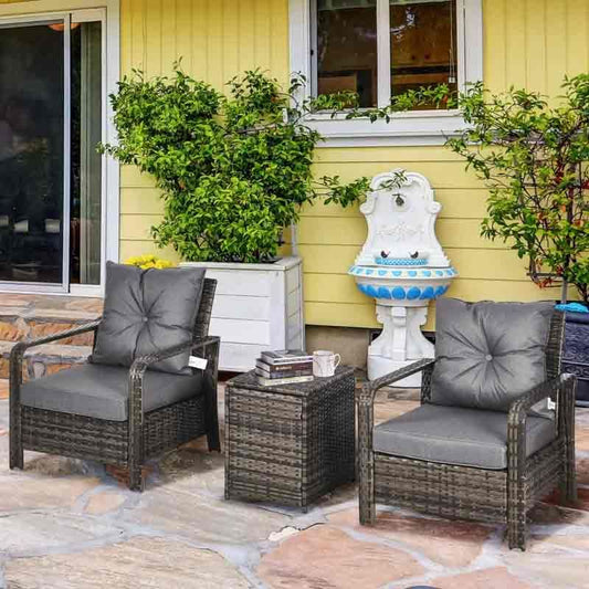 2-Seater Rattan Garden Set with Padded Chair Storage Table - Grey