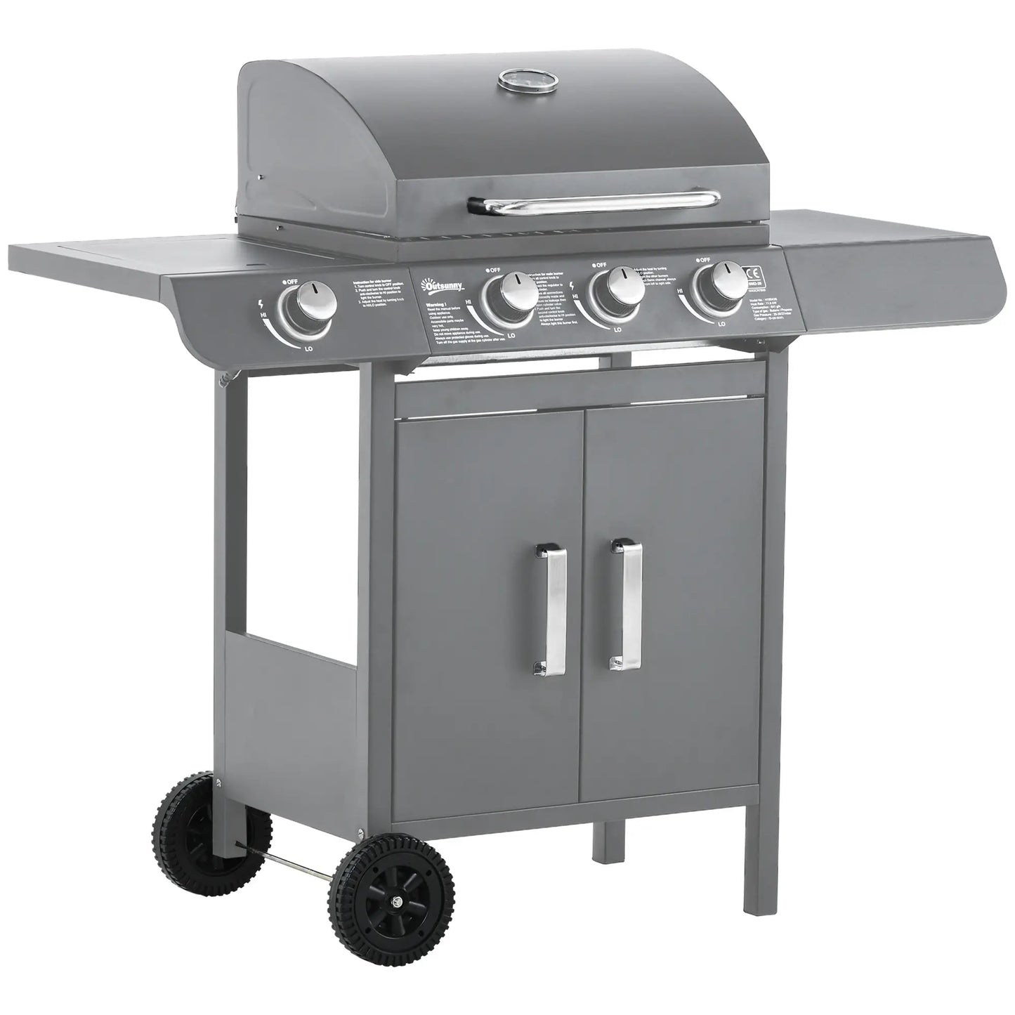 3+1 Burner Gas BBQ Grill, 110L x 50W x 100Hcm, Grey/Black