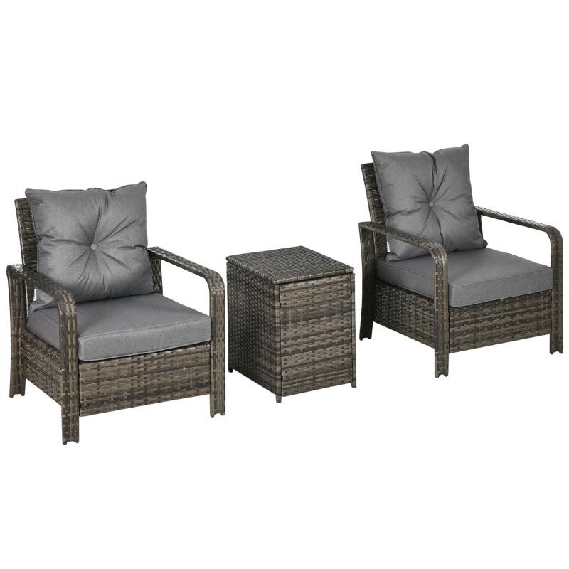 2-Seater Rattan Garden Set with Padded Chair Storage Table - Grey