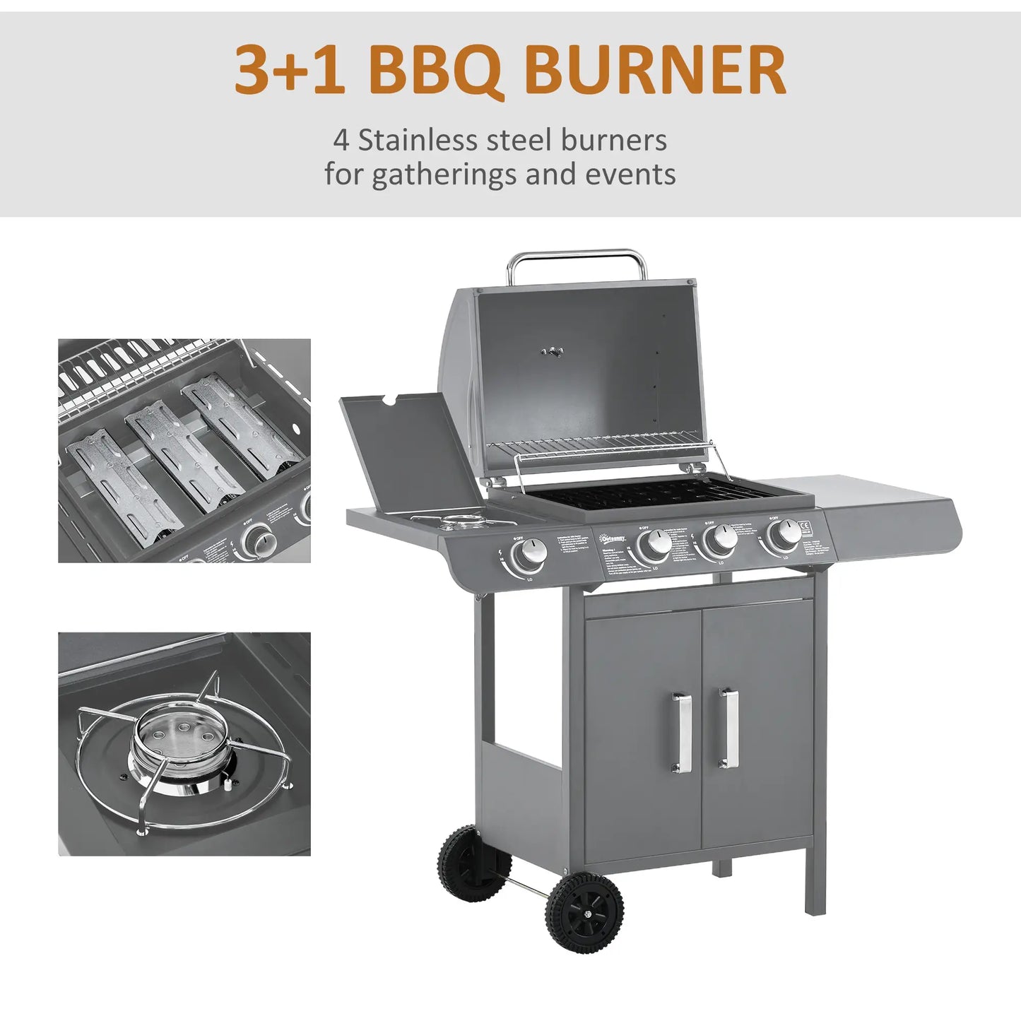 3+1 Burner Gas BBQ Grill, 110L x 50W x 100Hcm, Grey/Black