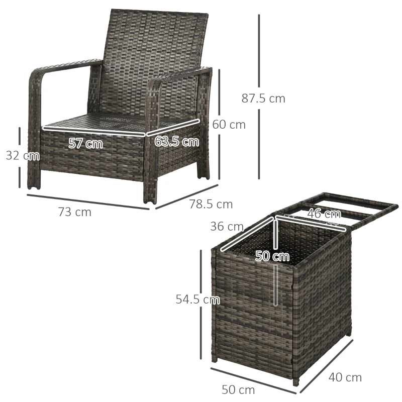 2-Seater Rattan Garden Set with Padded Chair Storage Table - Grey