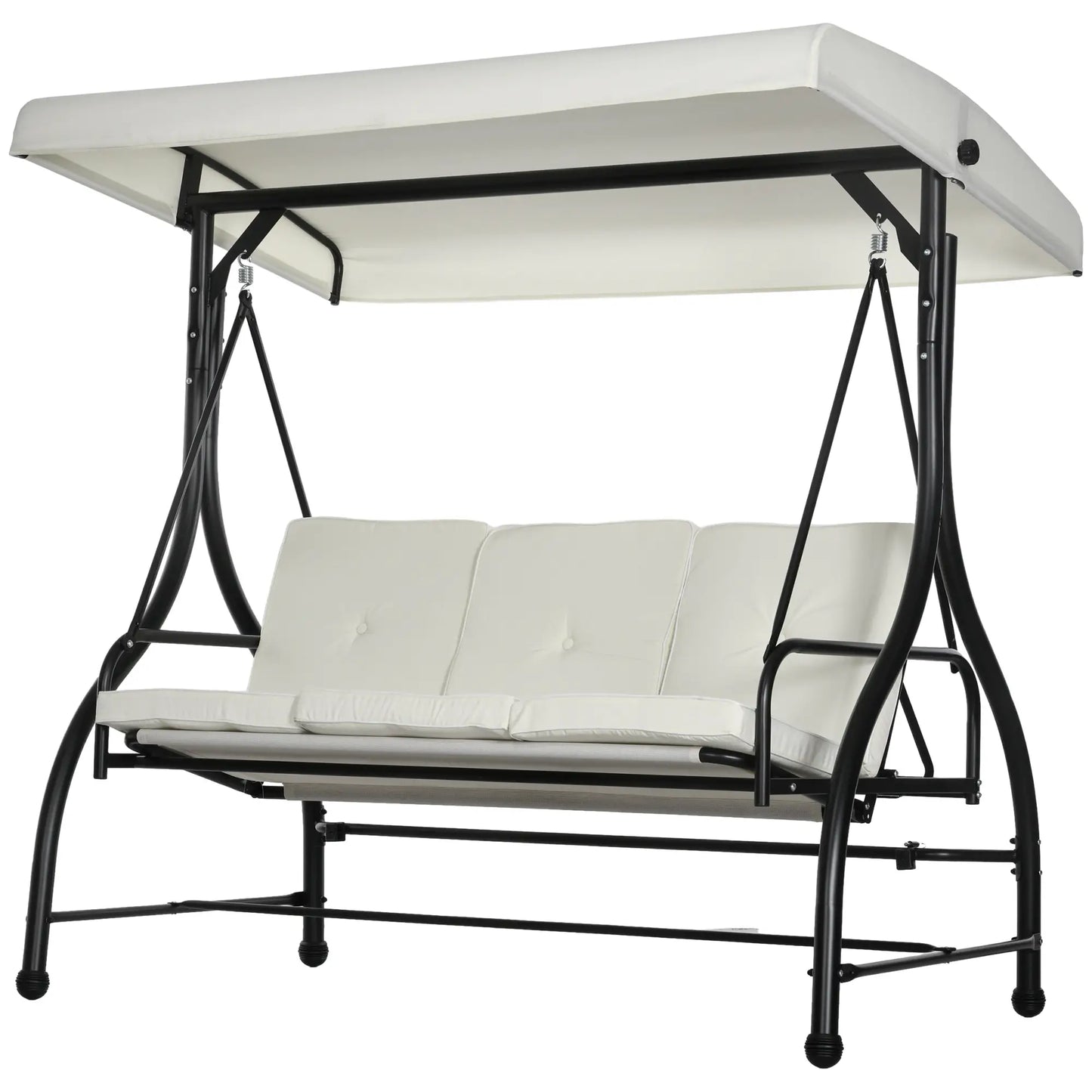 3 Seater Canopy Swing Chair with Adjustable Canopy and Metal Frame, Cream/White
