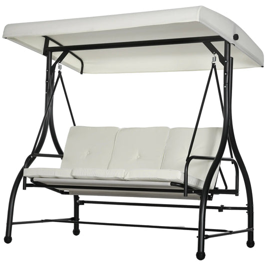 3 Seater Canopy Swing Chair with Adjustable Canopy and Metal Frame, Cream/White