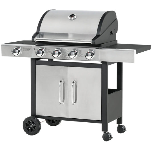 Gas Barbecue Grill 4+1 Burner w/ Side Burner Warming Rack, Stainless Steel