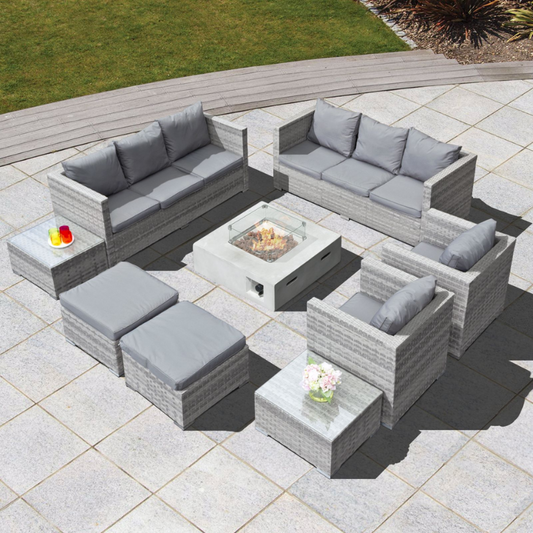 Acorn Deluxe Rattan 10 Seat Modular Sofa Set with GRC Firepit in Dove Grey