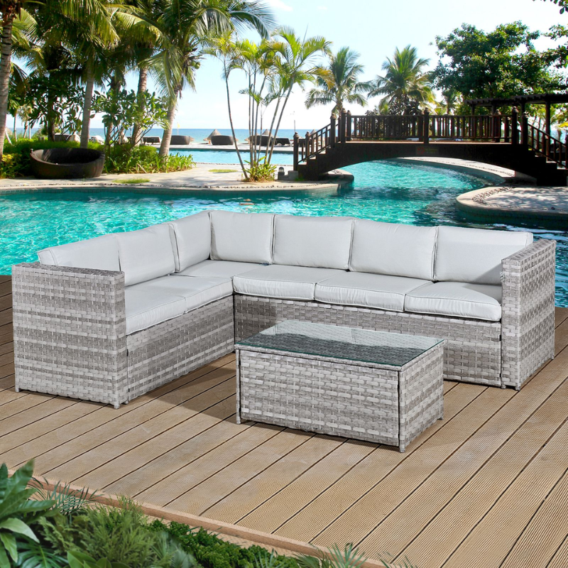 Acorn Rattan 6 Seat Corner Sofa Set in Dove Grey with Off-White Cushions